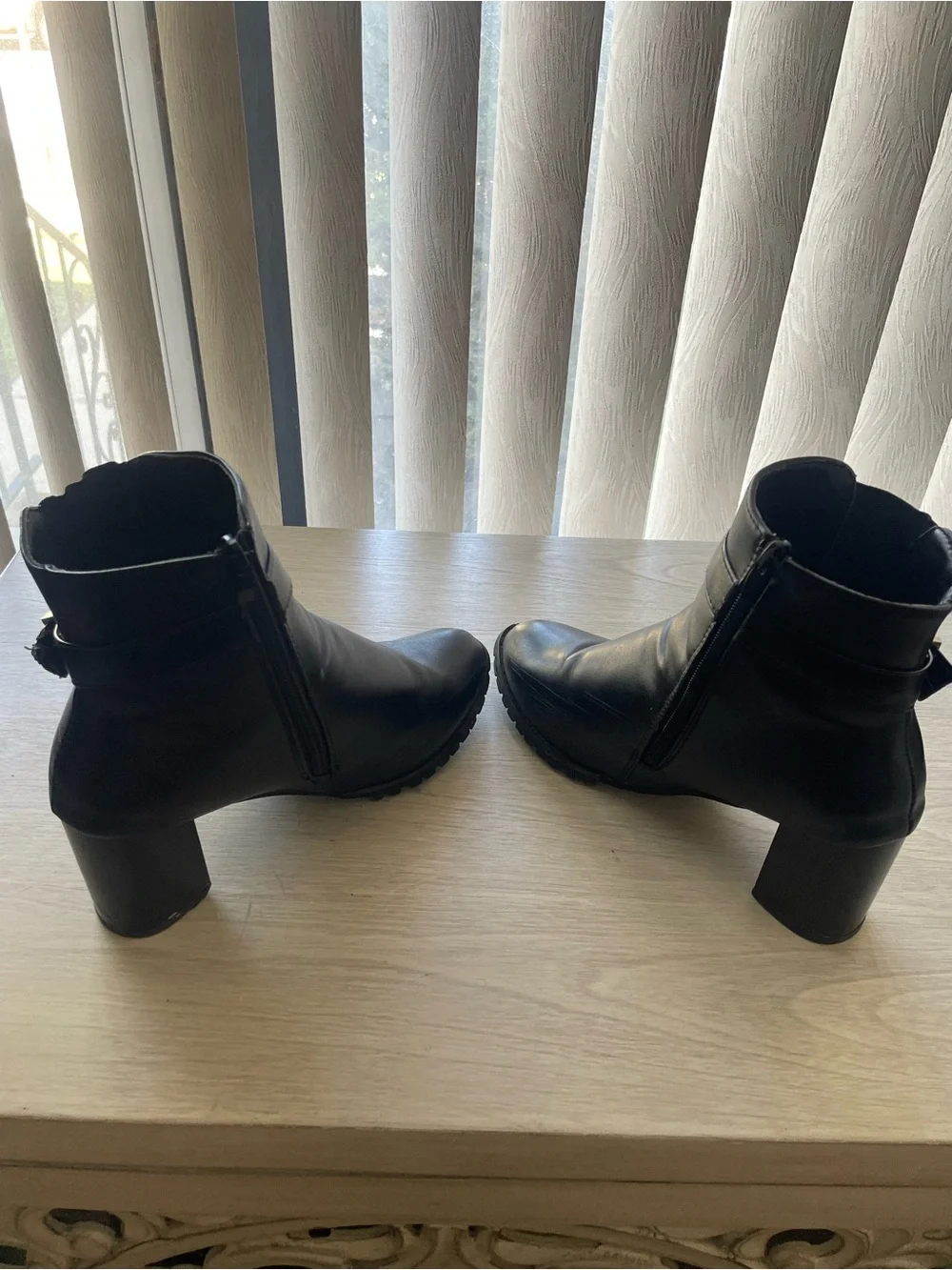 Chunky Block Heel Black Ankle Boots with Silver Buckle Strap - Size 10
